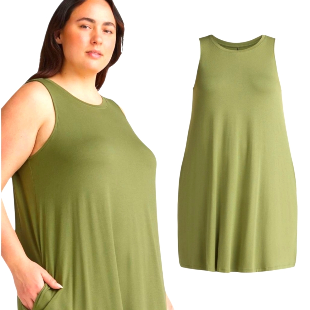 TIME & TRU Sleeveless Plus Olive Green Knit Swing Mini Dress Pockets NWT Size 1X